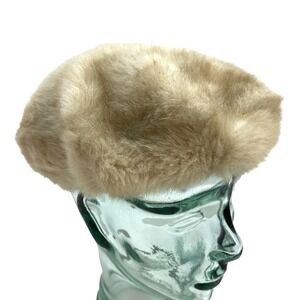 Womens Faux Fur Pillbox Beret Hat Beige Cream Round Soft Stretch Vintage Style
